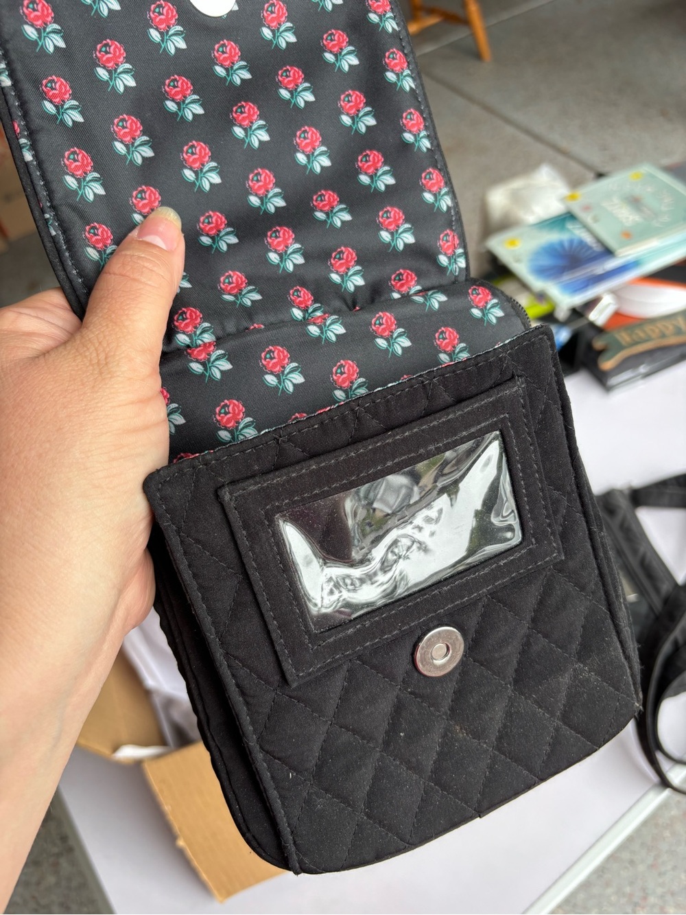 Vera Bradley Black Quilted Crossbody with Rose Liner